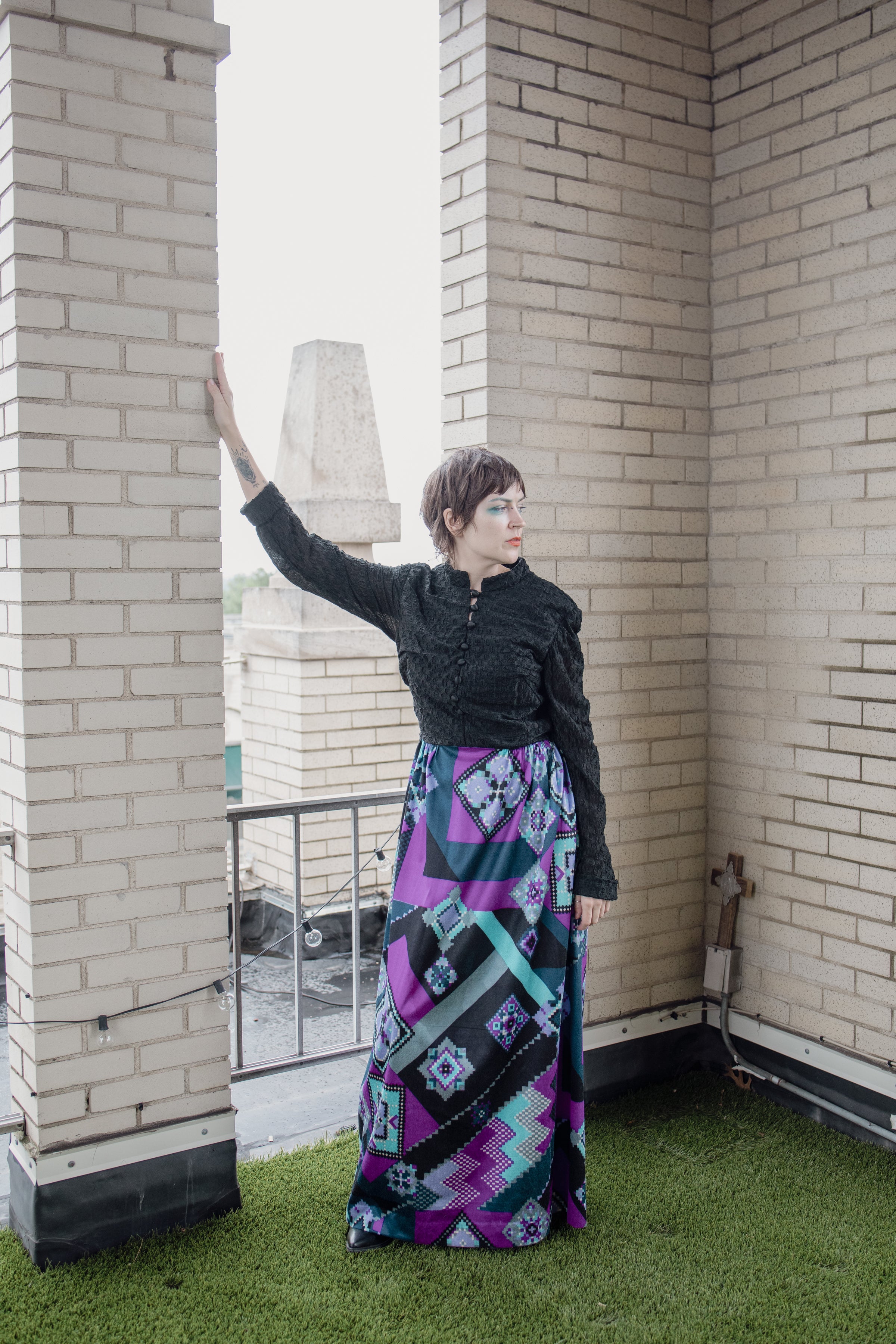 Black Lace and Purple Geometric Maxi Dress Black Lace and Purple Geometric Maxi Dress