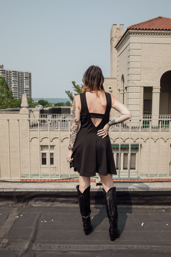 Mock Neck Black Skater Dress