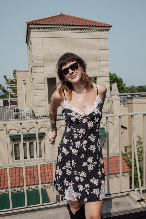 black floral slip dress Maddox Floral Maxi Dress Black/Red / XS