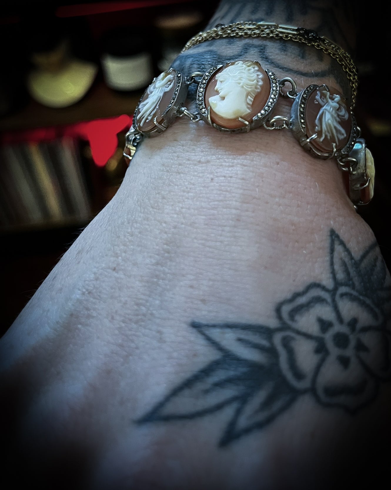 Sterling Silver Marcasite Shell Cameo Bracelet