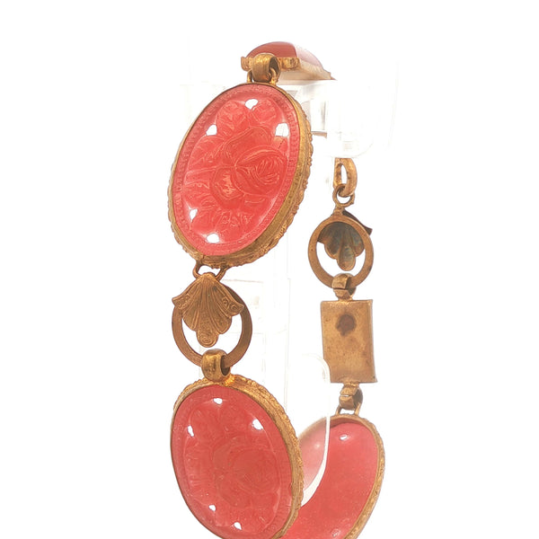 Art Deco Brass and Molded Carved Glass Floral Link Bracelet