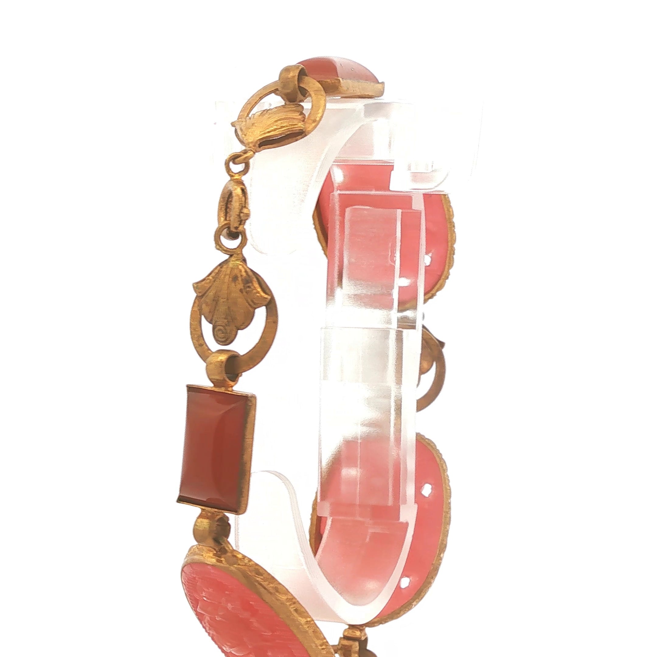 Art Deco Brass and Molded Carved Glass Floral Link Bracelet
