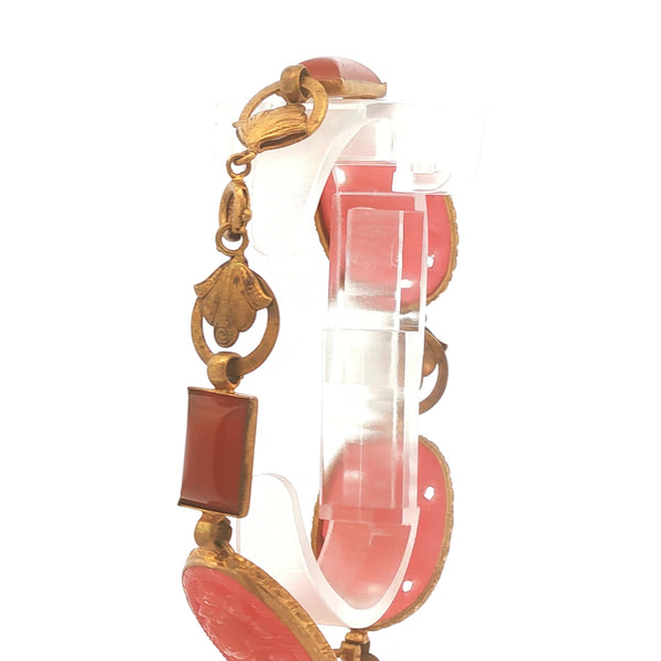 Art Deco Brass and Molded Carved Glass Floral Link Bracelet
