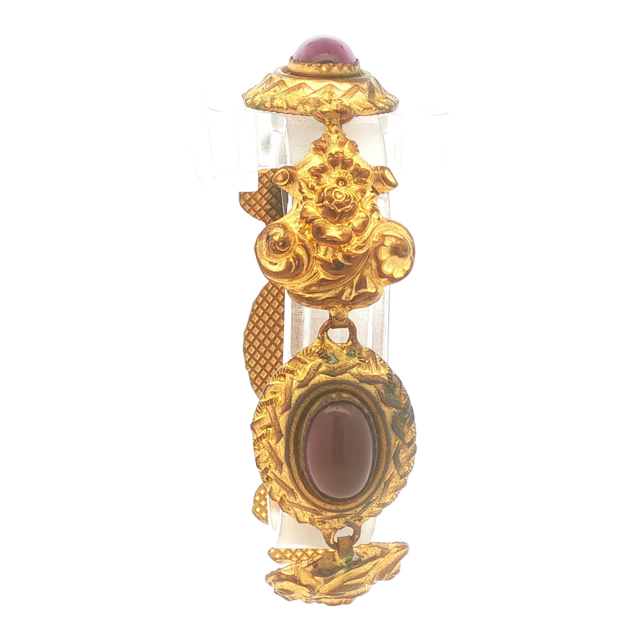 French Brass Purple Glass Cabochon Link Bracelet