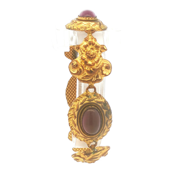 French Brass Purple Glass Cabochon Link Bracelet