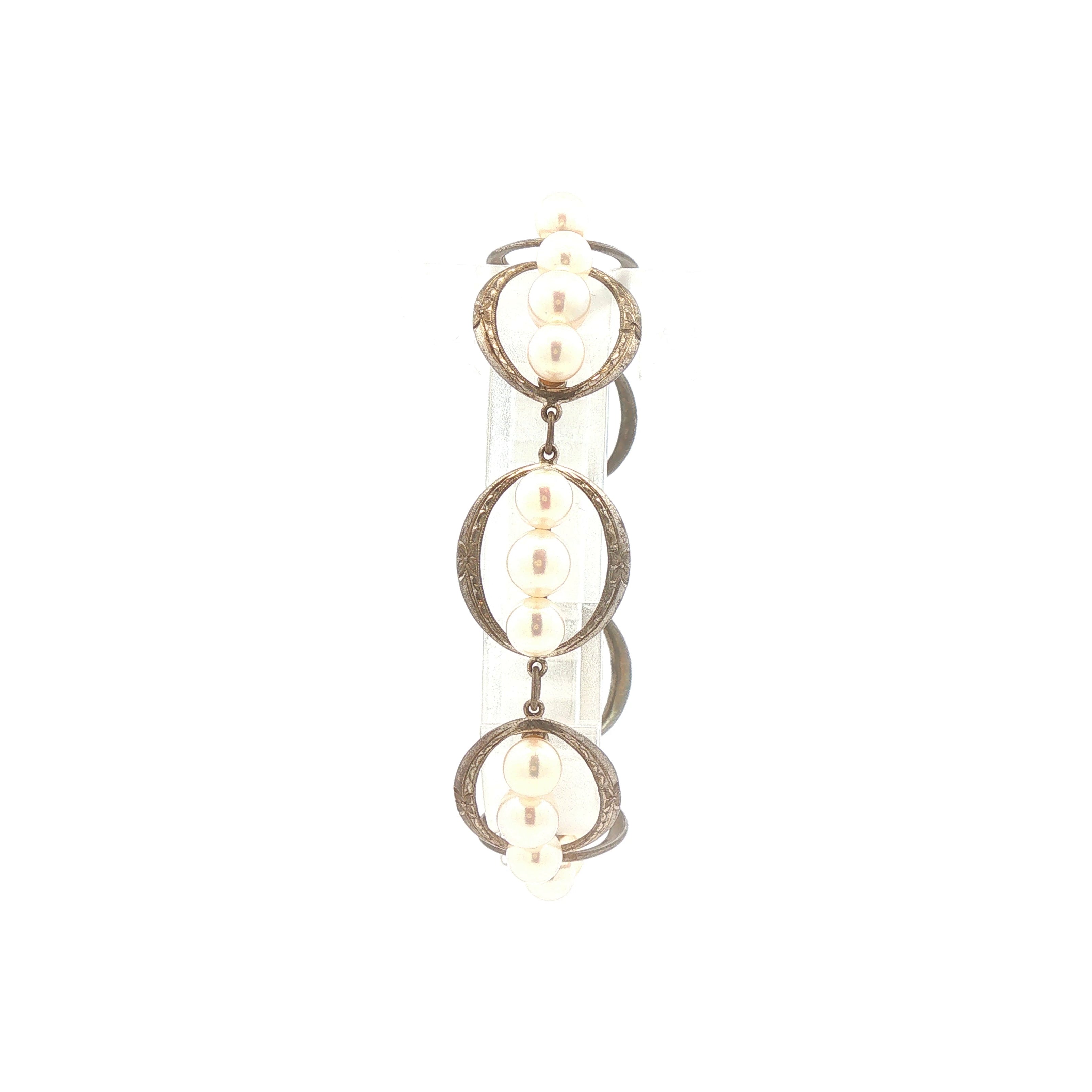 Sterling 3 Pearl Decorative Link Bracelet