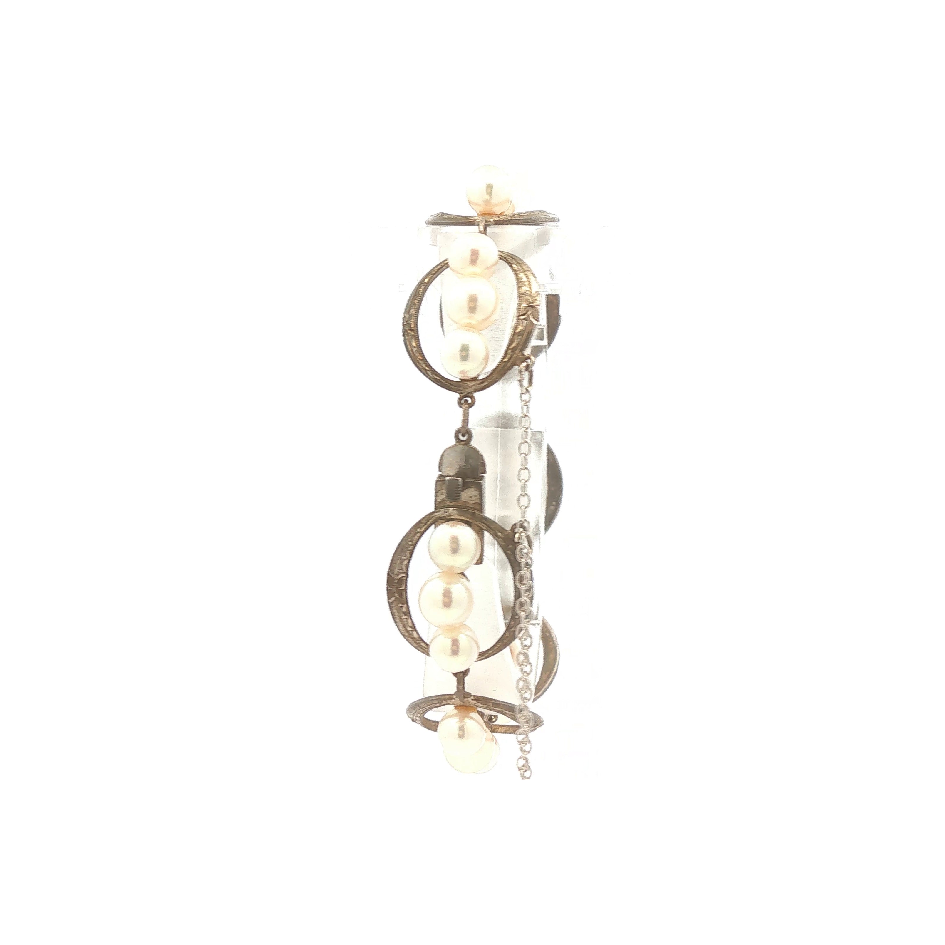 Sterling 3 Pearl Decorative Link Bracelet