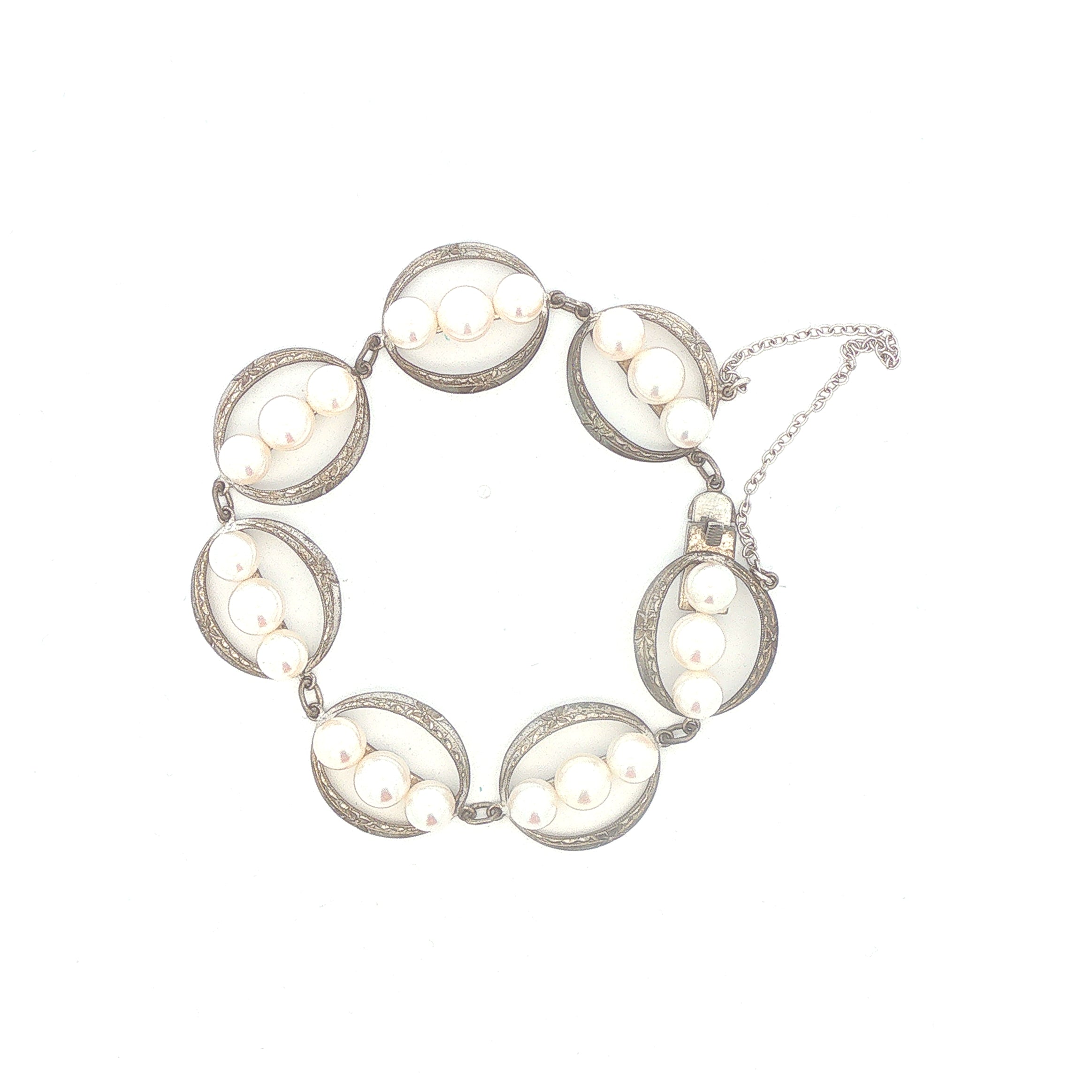 Sterling 3 Pearl Decorative Link Bracelet