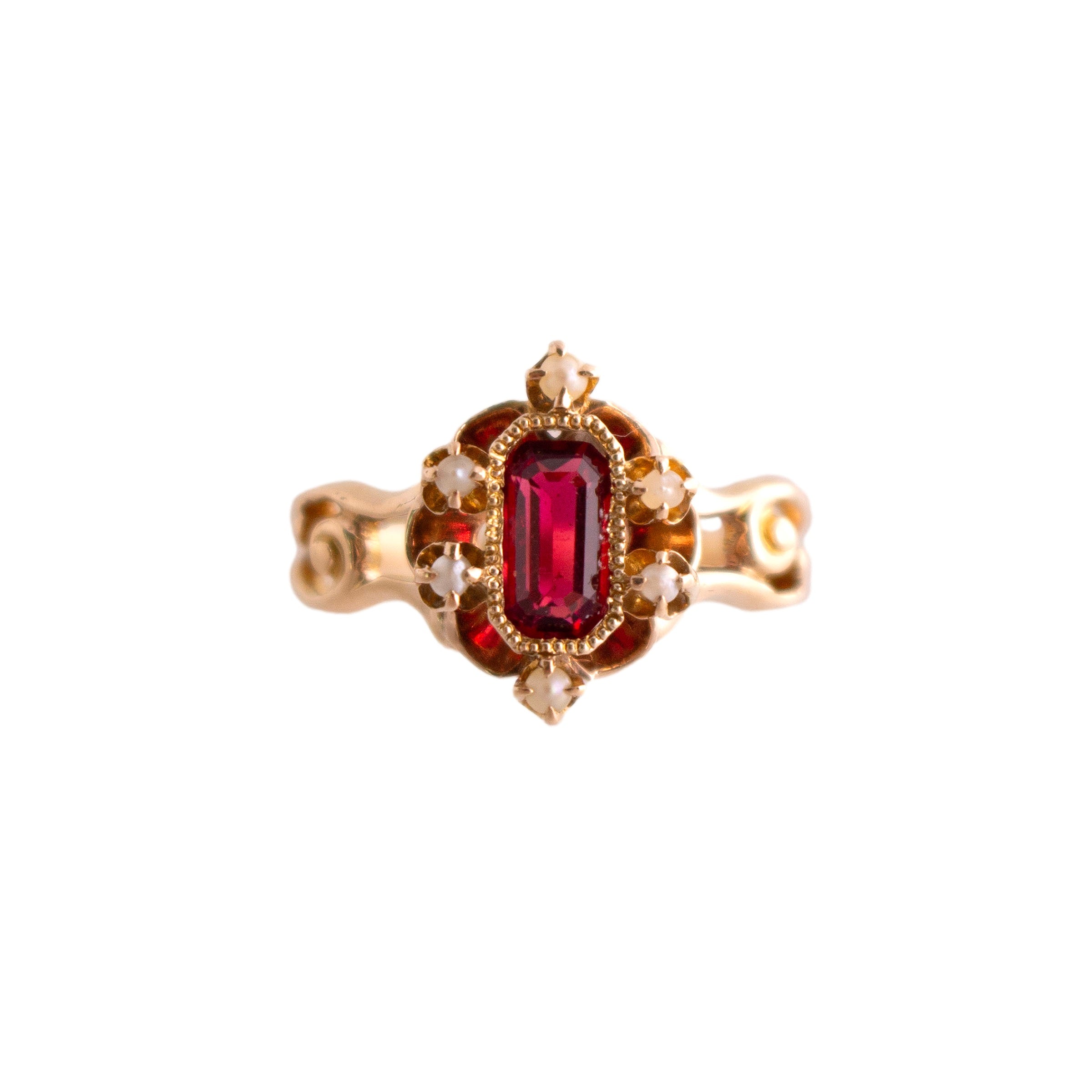 Antique Red Glass Stone with Seed Pearls Ring