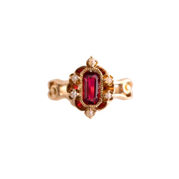 Antique Red Glass Stone with Seed Pearls Ring