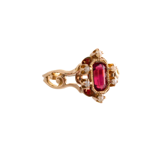 Antique Red Glass Stone with Seed Pearls Ring