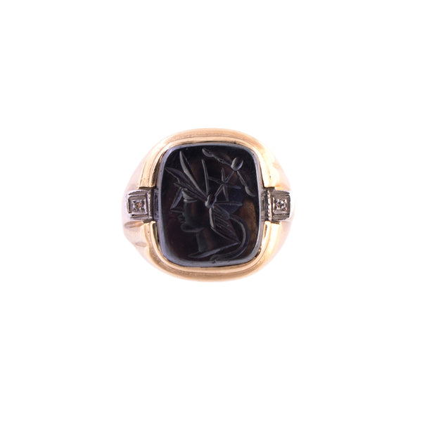 Vintage Hematite Intaglio and Diamond Ring