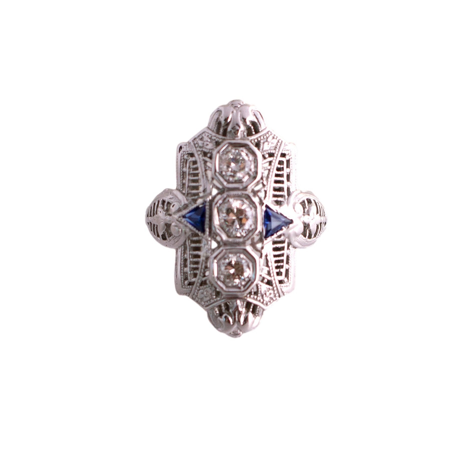 18K White Gold Diamond and Synthetic Sapphire Filigree Ring