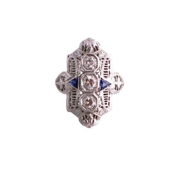 18K White Gold Diamond and Synthetic Sapphire Filigree Ring