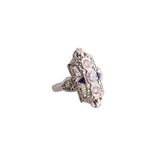 18K White Gold Diamond and Synthetic Sapphire Filigree Ring