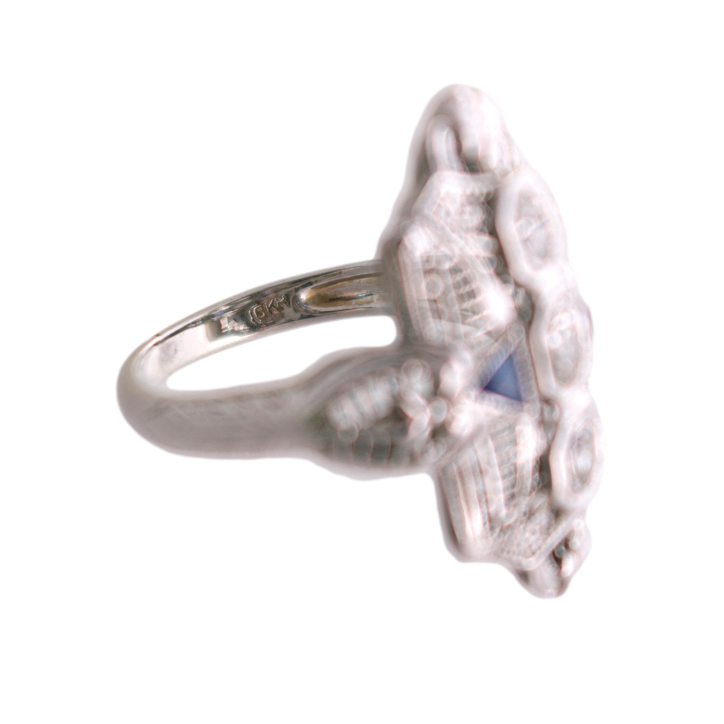 18K White Gold Diamond and Synthetic Sapphire Filigree Ring