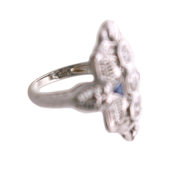 18K White Gold Diamond and Synthetic Sapphire Filigree Ring