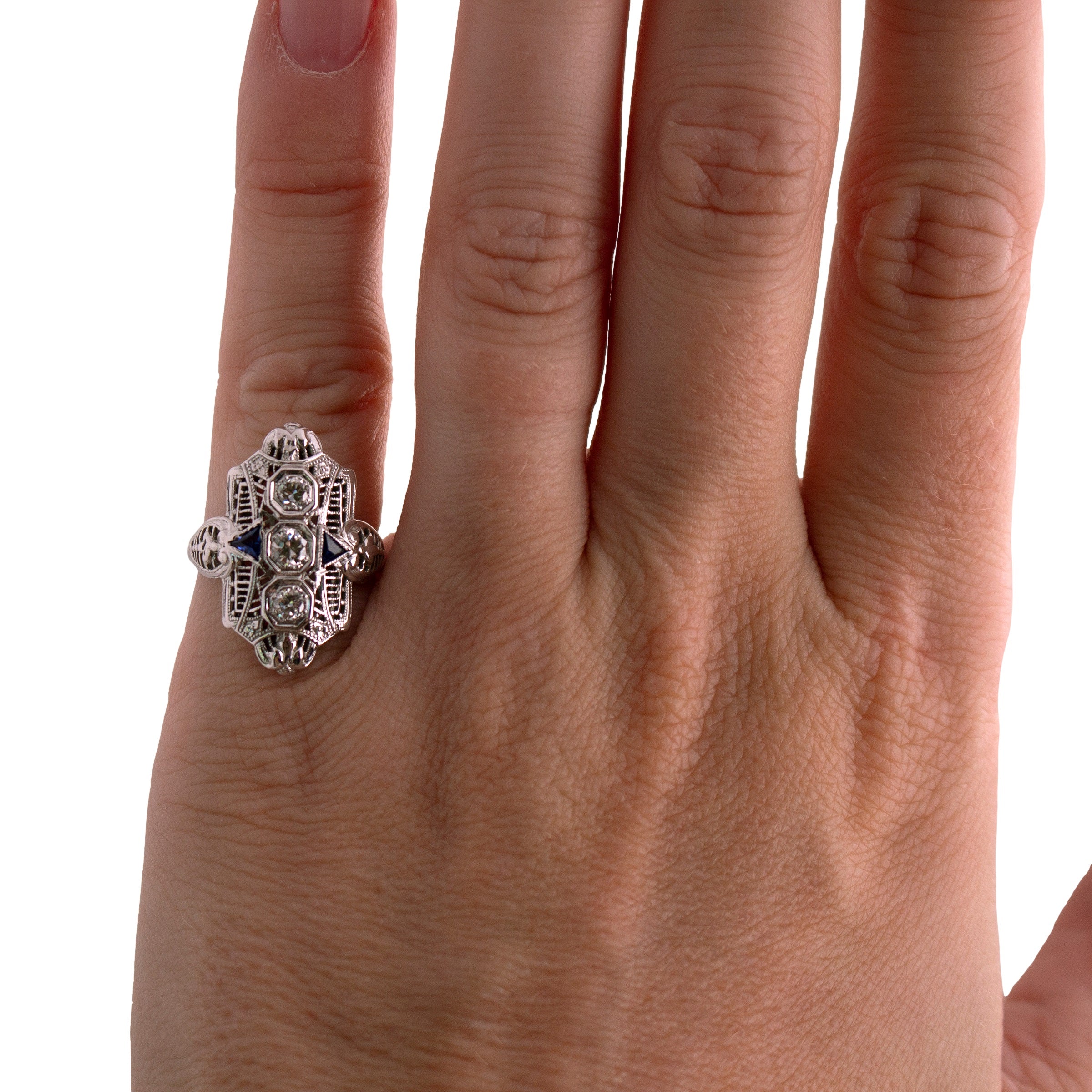 18K White Gold Diamond and Synthetic Sapphire Filigree Ring