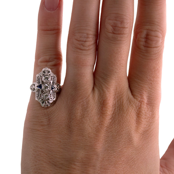 18K White Gold Diamond and Synthetic Sapphire Filigree Ring