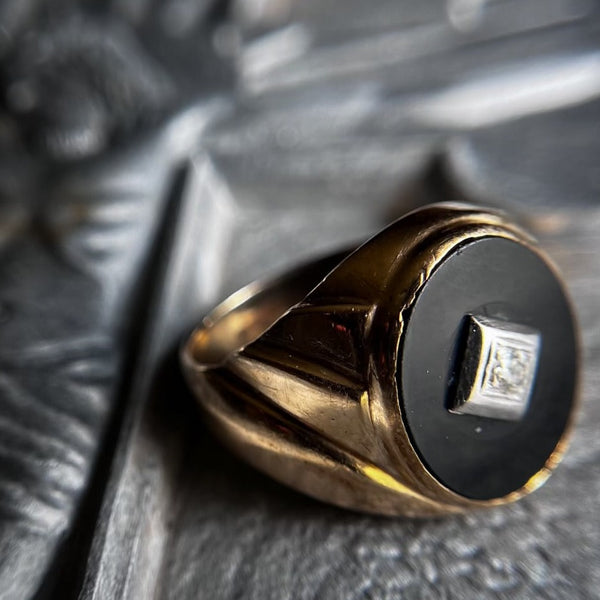 10K Gold Onyx and Diamond Fluted Gent's Ring