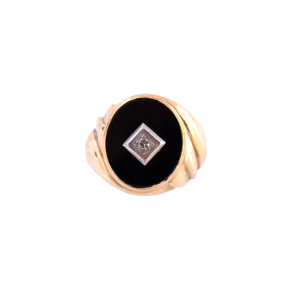 10K Gold Onyx and Diamond Fluted Gent's Ring