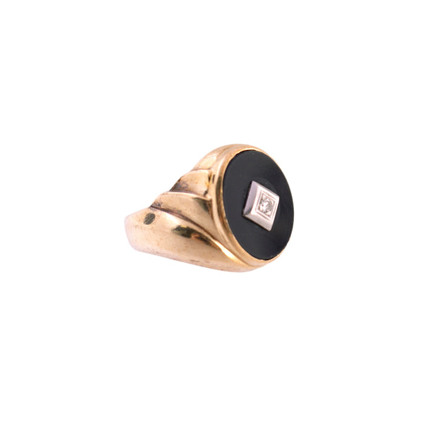10K Gold Onyx and Diamond Fluted Gent's Ring