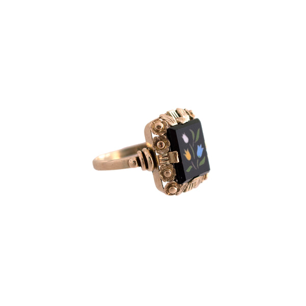 14K Gold Onyx and Enamel Floral Ring
