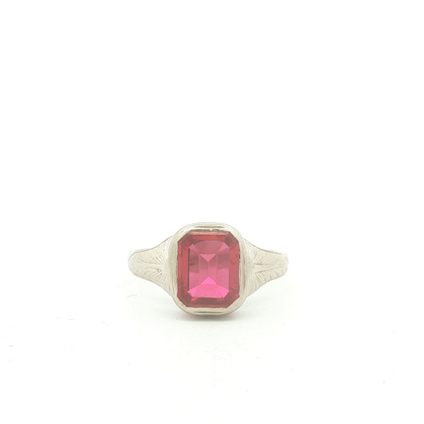 Etched White Gold Ring with Synthetic Ruby