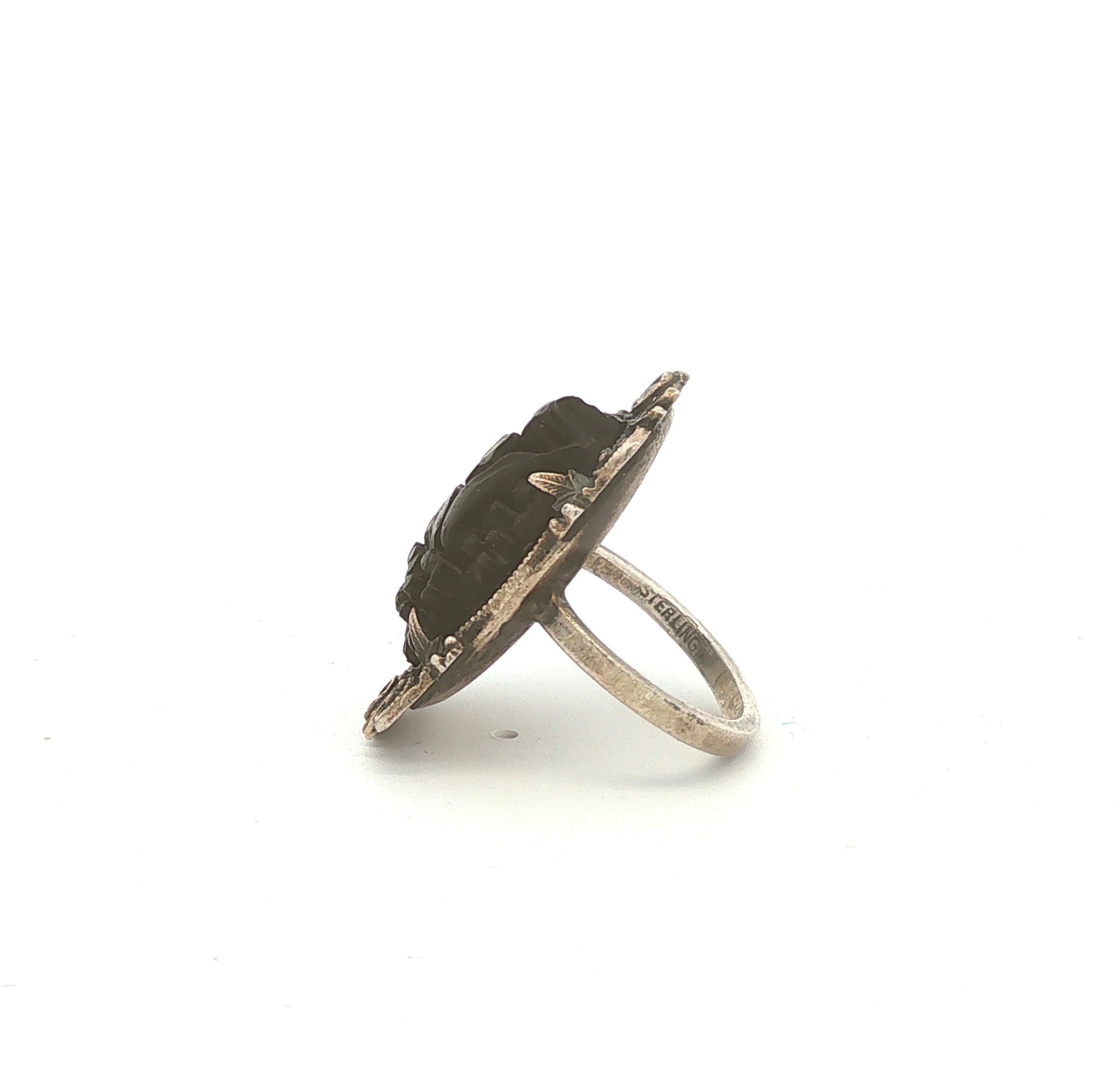 Sterling Carved Onyx Floral Ring