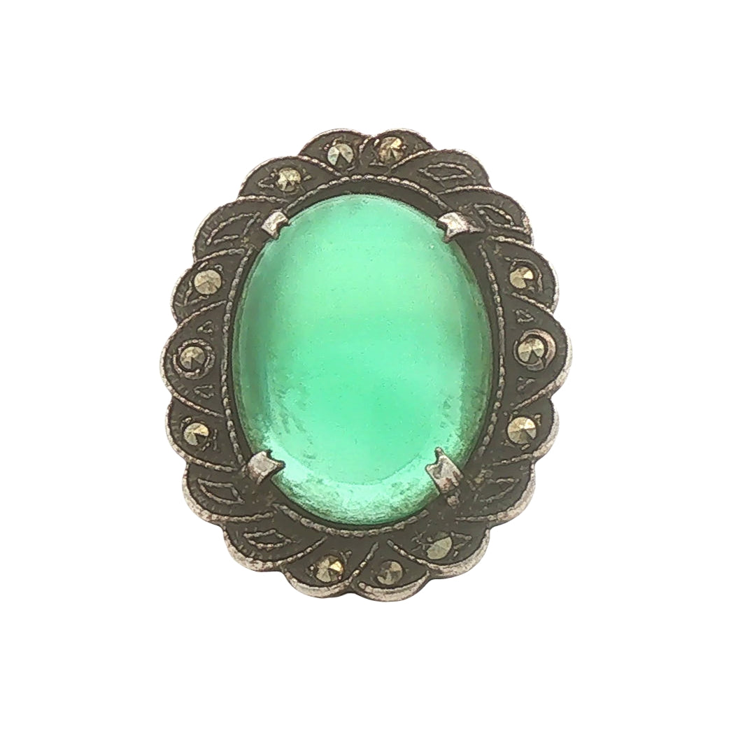 Sterling Green Chalcedony and Marcasite Ring