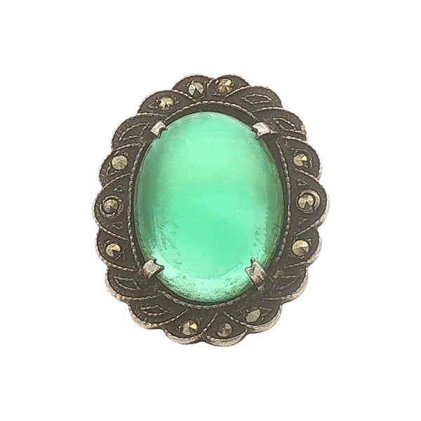 Sterling Green Chalcedony and Marcasite Ring