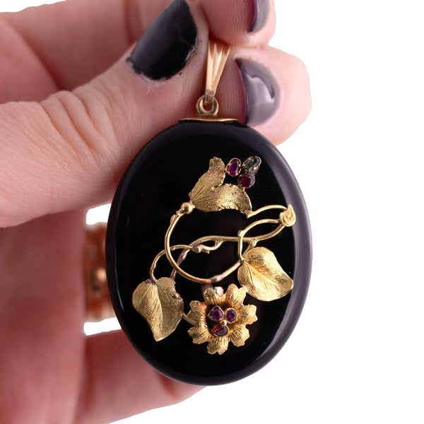 Antique Onyx and Ruby Mourning Pendant