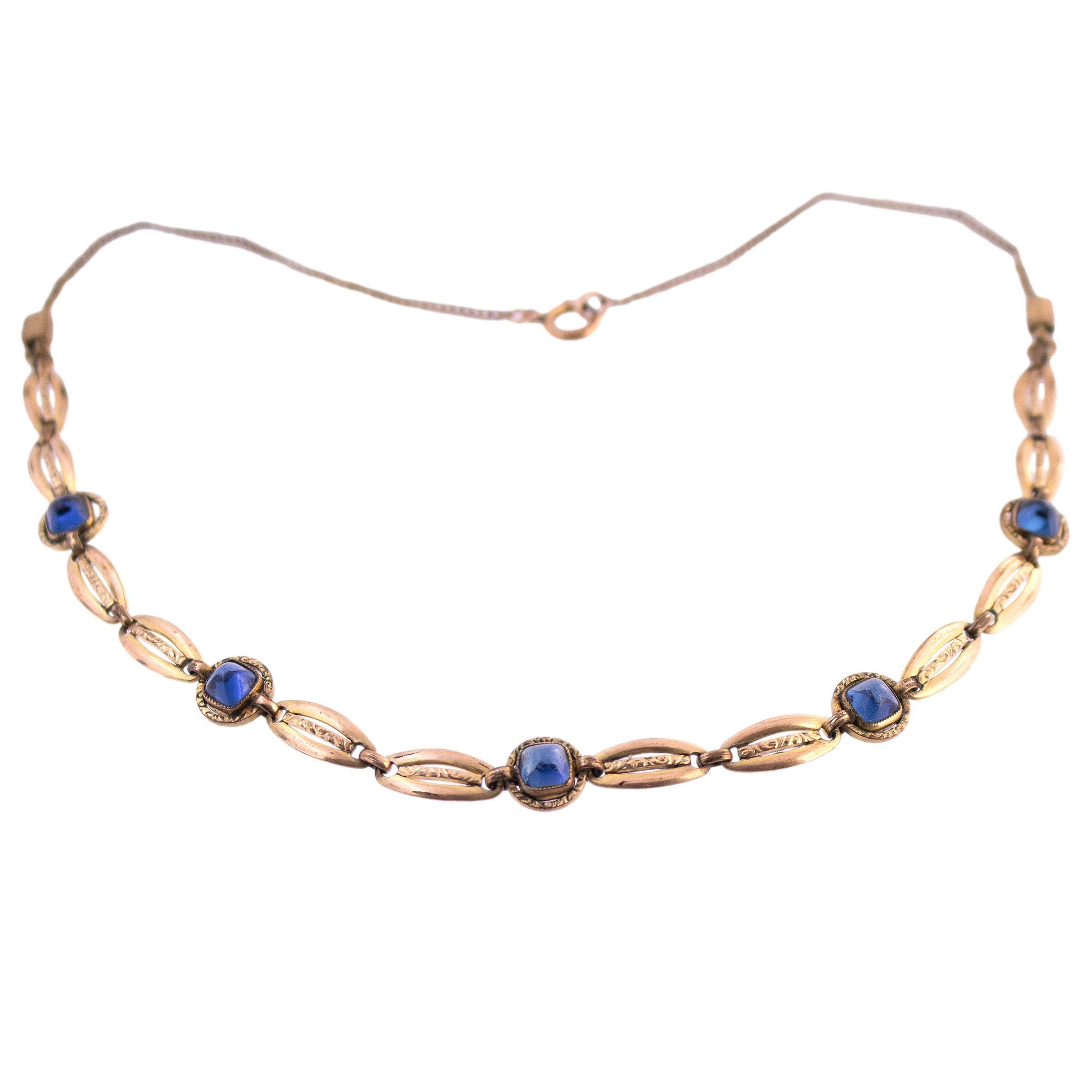 Gold Filled Blue Cabochon Decorative Link Necklace