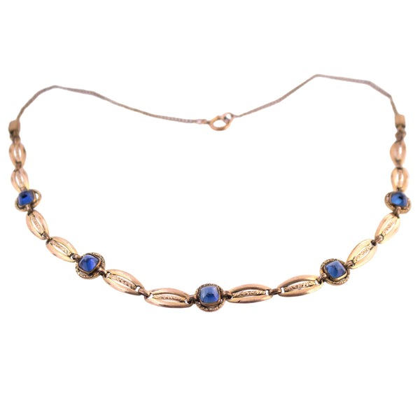 Gold Filled Blue Cabochon Decorative Link Necklace