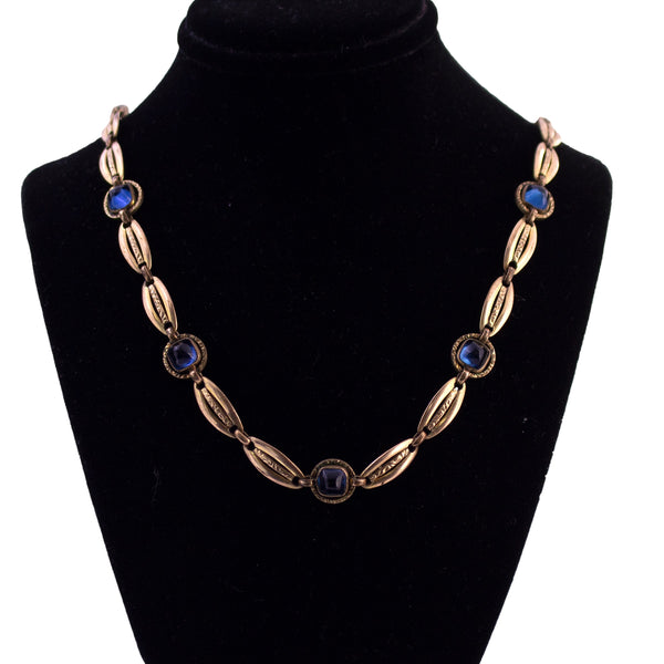 Gold Filled Blue Cabochon Decorative Link Necklace