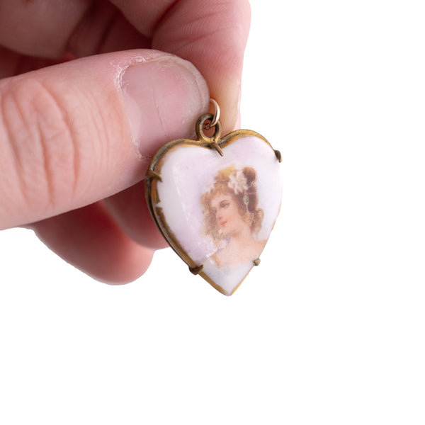 Heart Shaped Painted Porcelain Lady Pendant