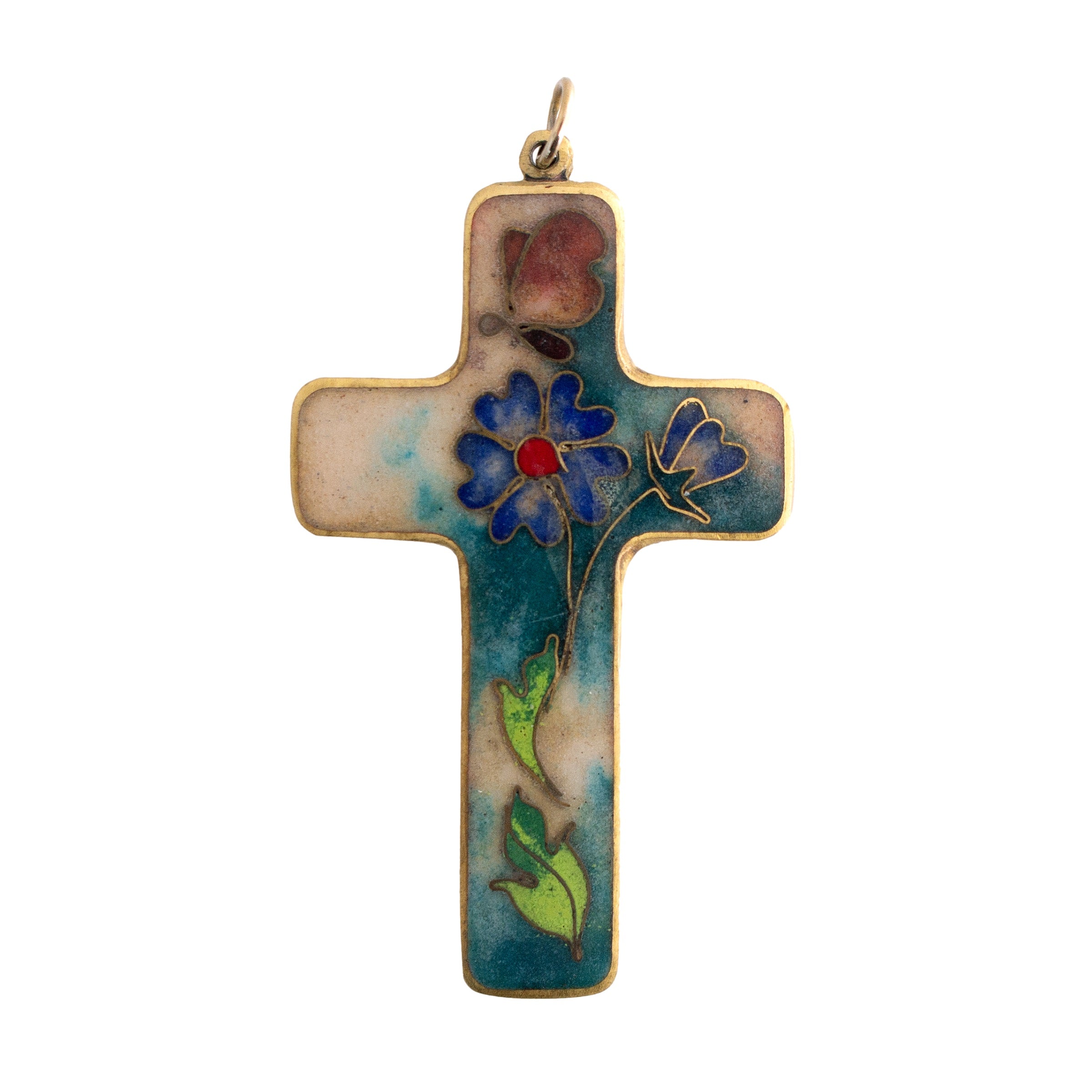 Vintage Cloisonne Floral Cross Pendant