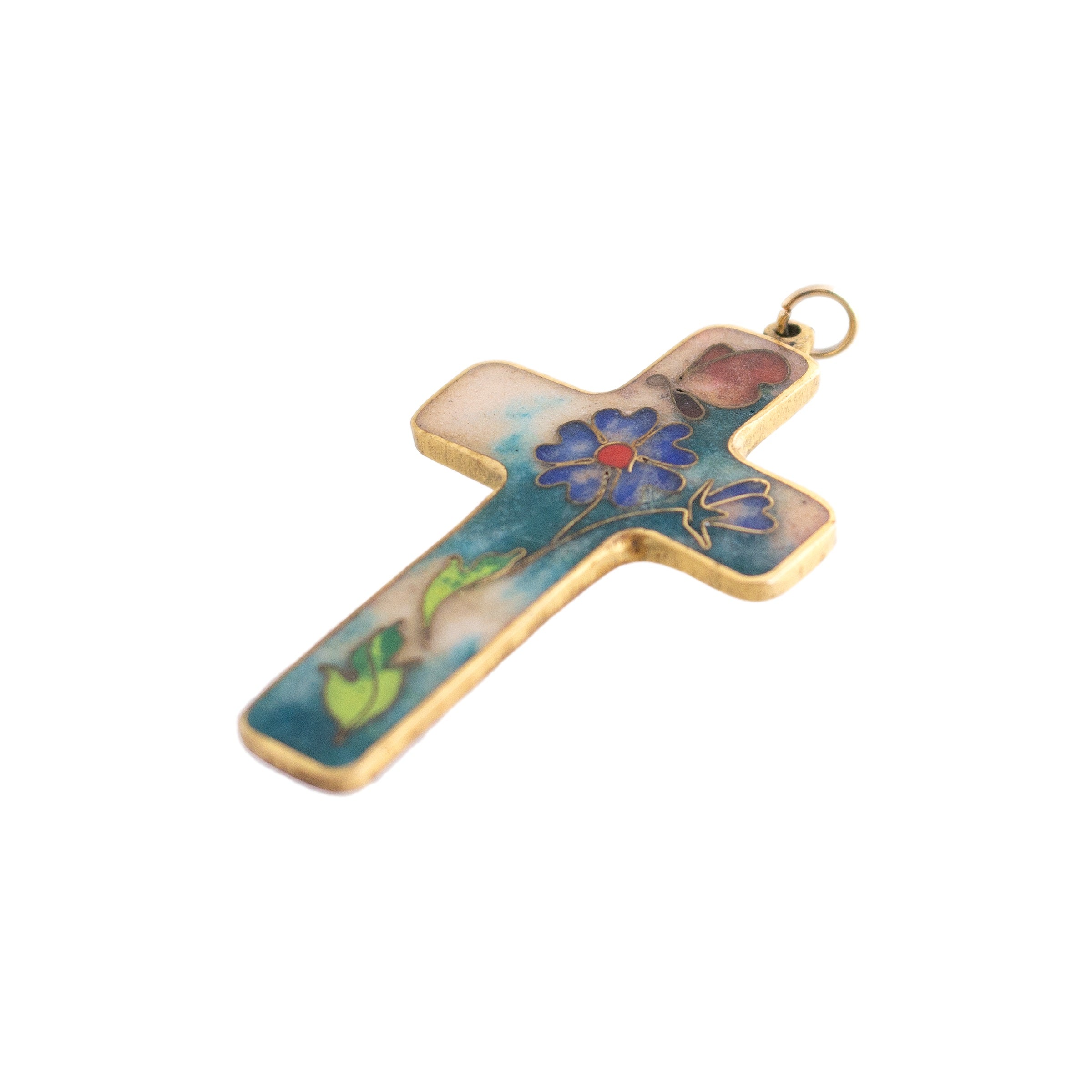 Vintage Cloisonne Floral Cross Pendant