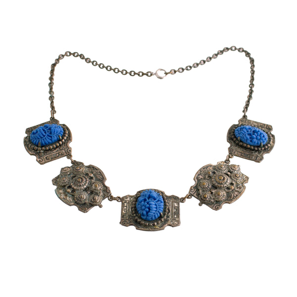 Blue Molded Glass Decorative Link Necklace