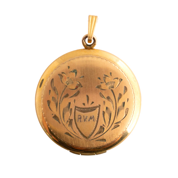 Gold Filled Round Locket with Floral and Shield Engraving