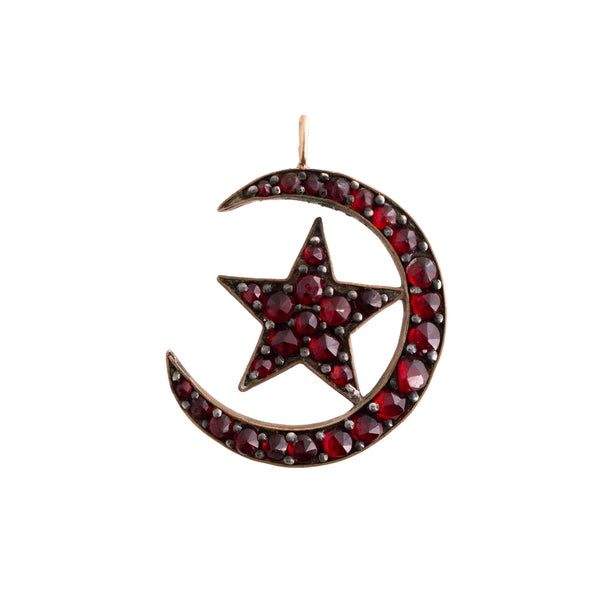 Bohemian Garnet Crescent Moon and Star Upcycled Pendant
