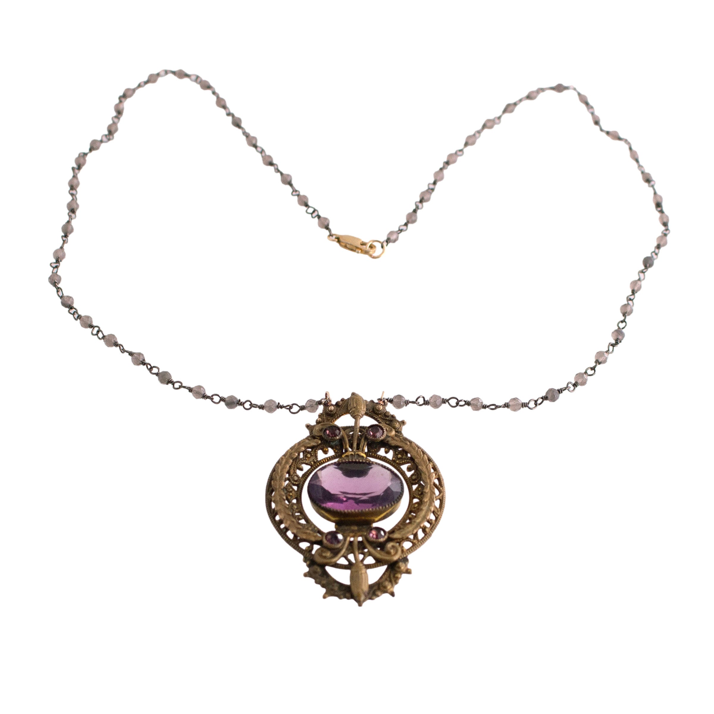 Upcycled Purple Brass Pendant on Labradorite Wire Wrapped Chain