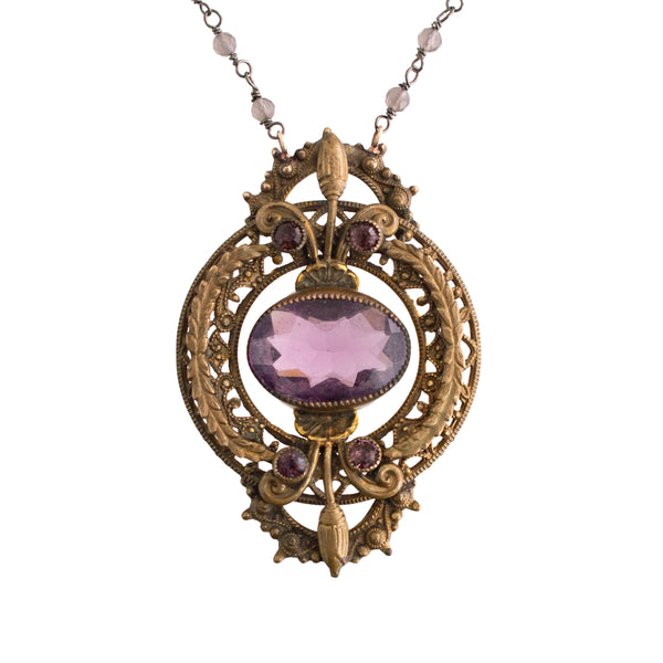 Upcycled Purple Brass Pendant on Labradorite Wire Wrapped Chain