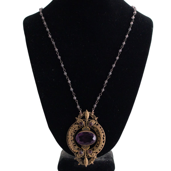 Upcycled Purple Brass Pendant on Labradorite Wire Wrapped Chain