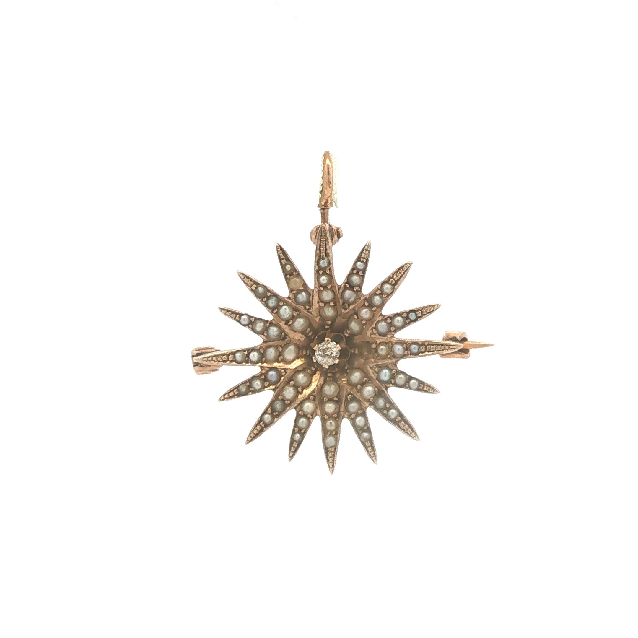 Antique Seed Pearl and Diamond Starburst Pin/Pendant