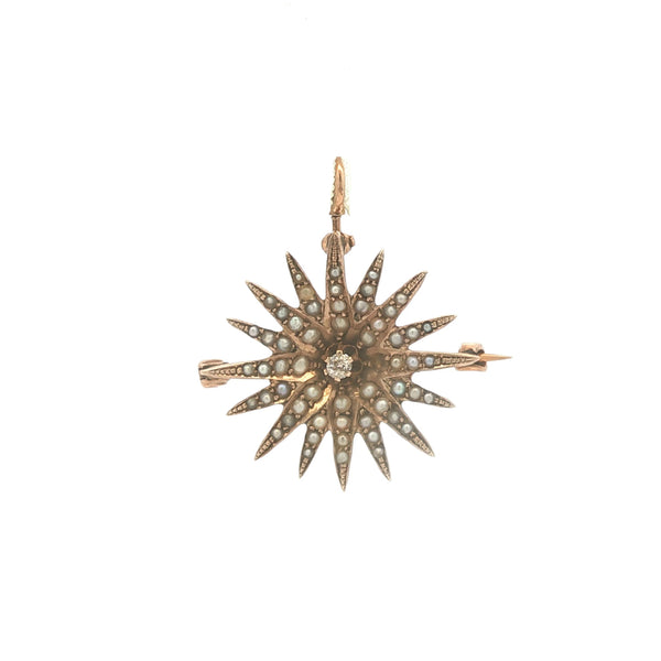 Antique Seed Pearl and Diamond Starburst Pin/Pendant