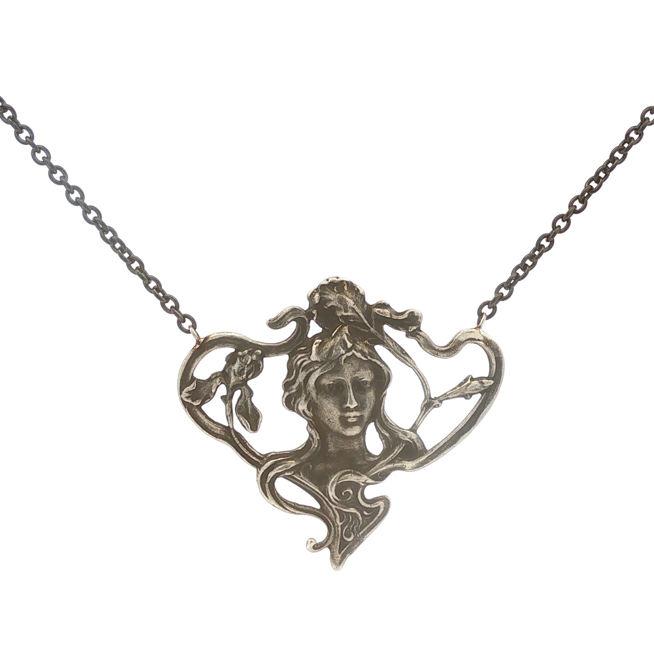 Art Nouveau Lady on Black Stainless Chain