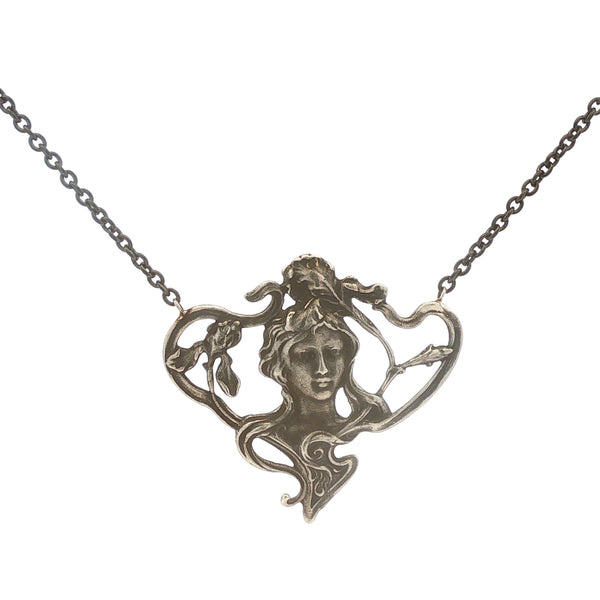 Art Nouveau Lady on Black Stainless Chain