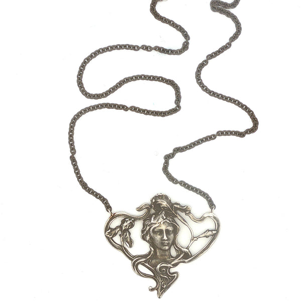 Art Nouveau Lady on Black Stainless Chain