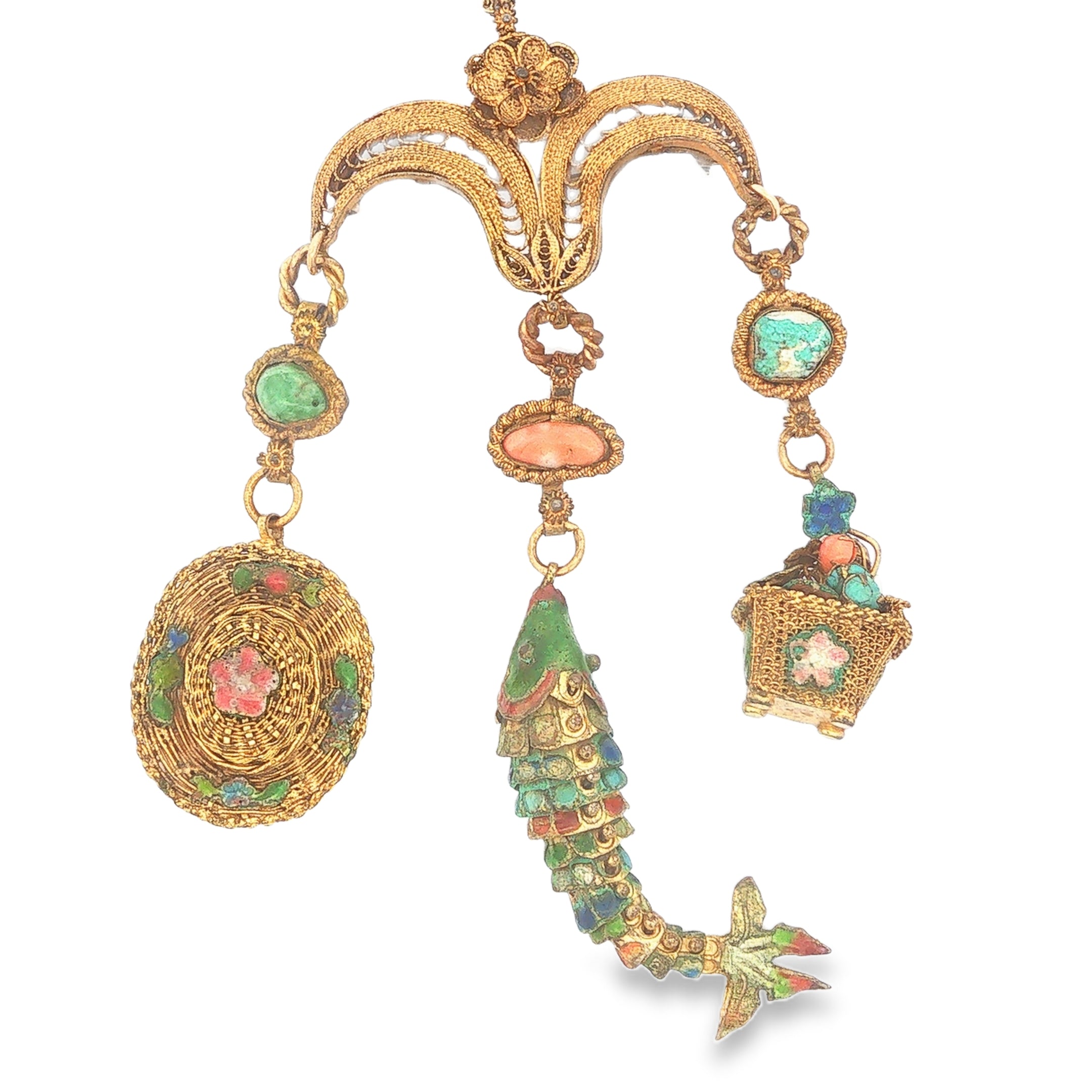 Decorative Brass and Cloisonne Charm Necklace